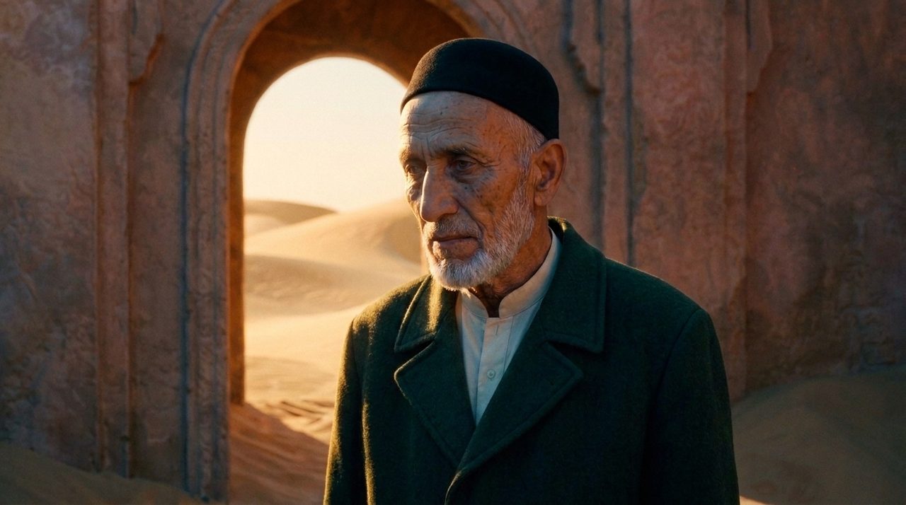 The old trader in a doorway at sunset, a still from The Brass Lock
