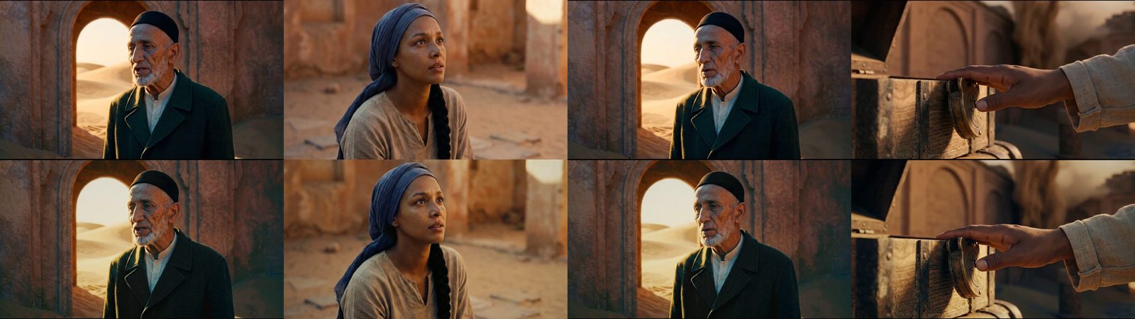 Before and after colour grading of four shots from The Brass Lock